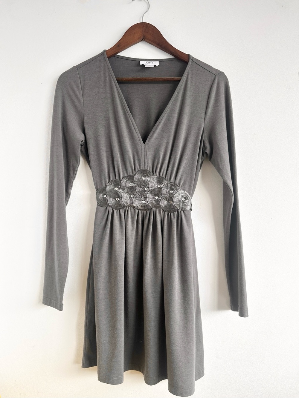 Ann Taylor LOFT Grey Embellished Waist Dress